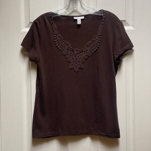 Charter Club Brown Lace  Accent  V Neck Top